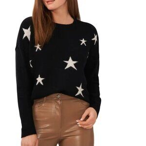Vince Camuto NWT Star Crewneck Sweater Rich Black Slight Shimmer Stars Size M